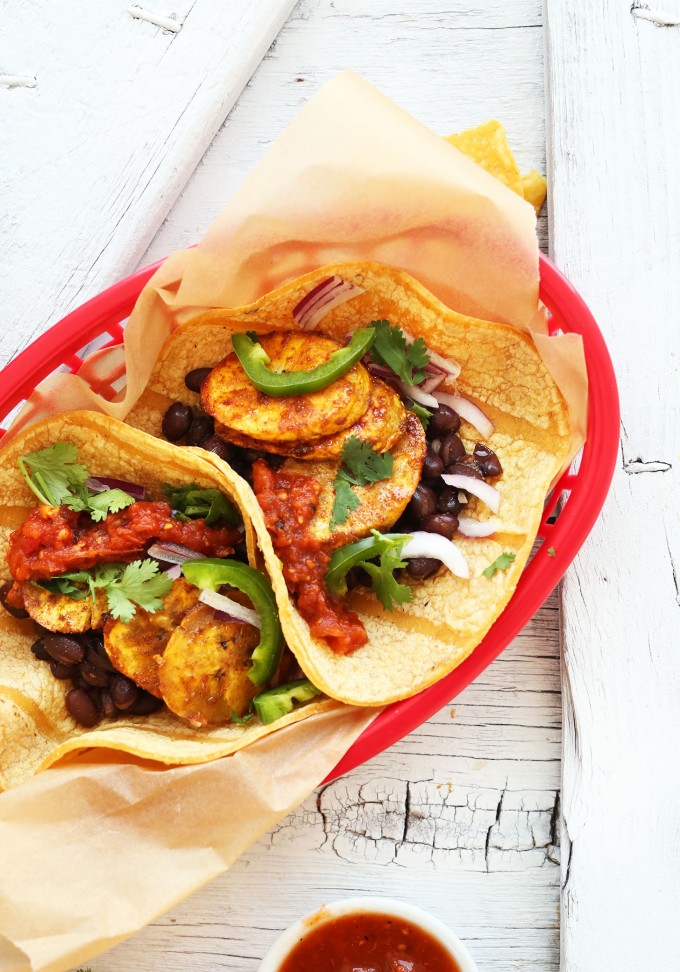 Spicy Plantain Black Bean Tacos! A 30 minute #plantbased meal that's so delicious and satisfying! #vegan #glutenfree #tacos #dinner #recipe #minimalistbaker